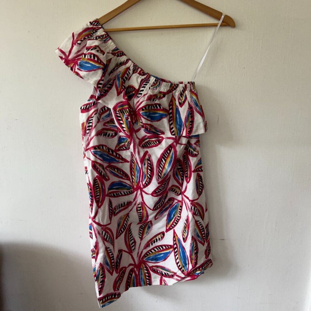 J. Crew Factory One-Shoulder Dress with Red and Blue Leaf Print